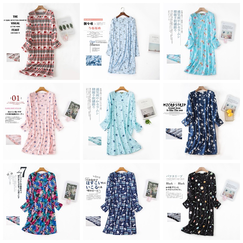 【一件代发】夏款长袖睡裙女大码可爱卡通家居服加肥针织棉睡衣